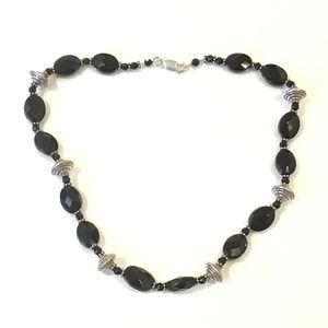Sterling Silver & Black Faceted Stone Beaded Necklace 17 1/2" Long